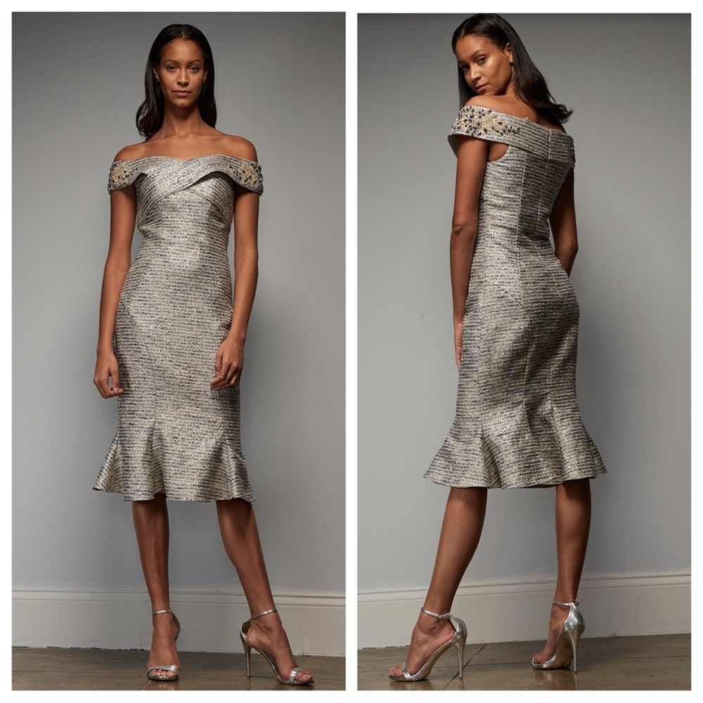 NWT $900 Park108  Tea Length Dress Silver M356 Size 2 and Size 4